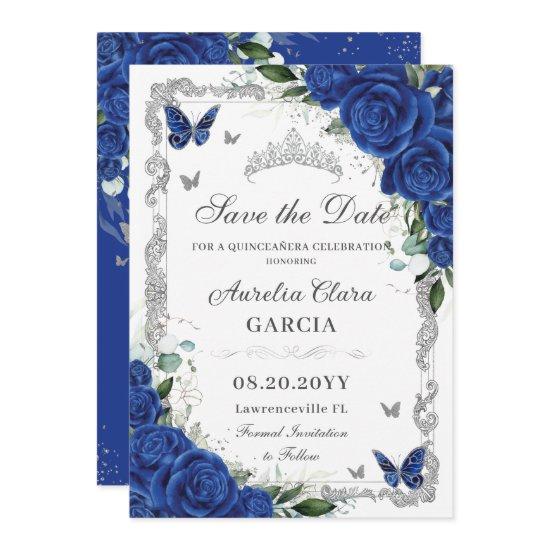 Chic Quinceañera Royal Blue Floral Vintage Silver Save The Date