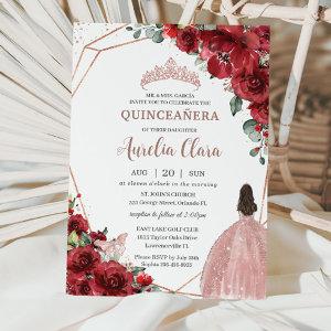 Chic Red Floral Rose Gold Girl Dress Quinceañera