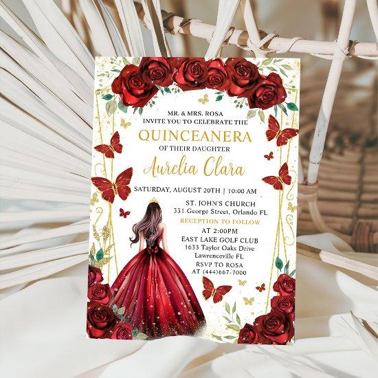 Chic Red Roses Floral Princess Quinceañera