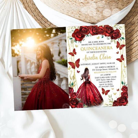 Chic Red Roses Floral Princess Quinceañera Photo