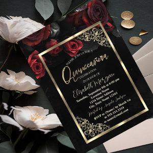 Chic Red Roses Gold Frame Black  Quinceañera