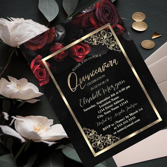Chic Red Roses Gold Frame Black  Quinceañera