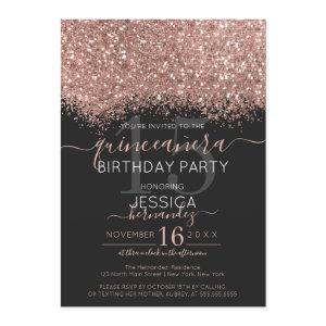 Chic Rose Gold Black Glitter Confetti Quinceañera