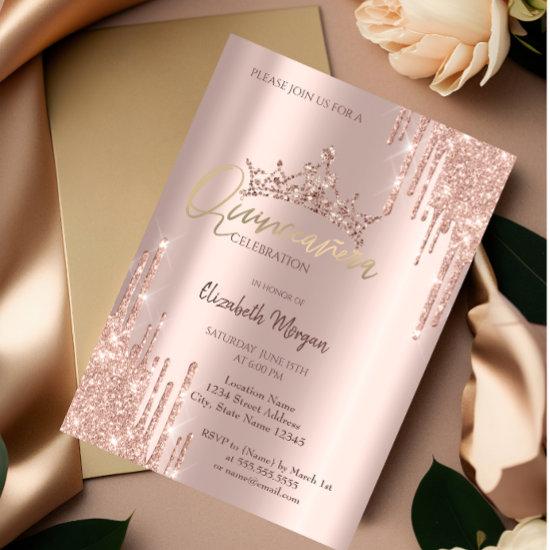 Chic Rose Gold Glitter Crown Drop Quinceañera