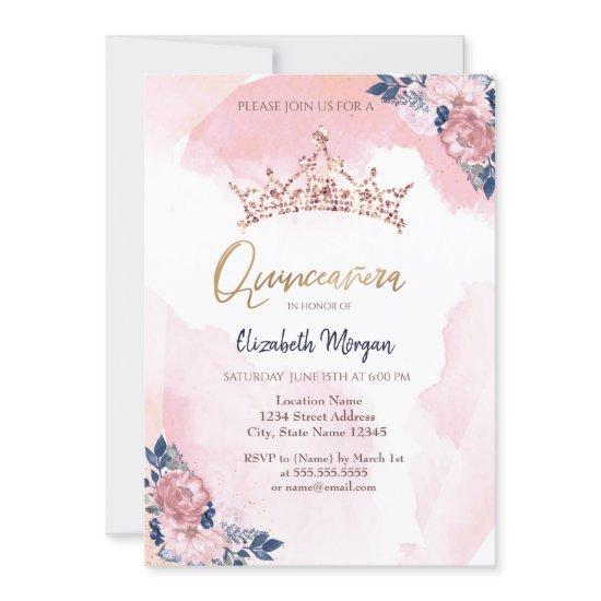 Chic Rose Gold Glitter Crown Flowers Quinceanera