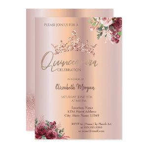 Chic Rose Gold Glitter Flowers Crown Quinceañera