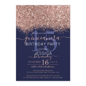 Chic Rose Gold Navy Glitter Confetti Quinceañera