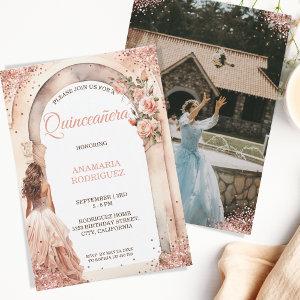 Chic Rose Gold Quinceañera Dress Floral Arch Photo