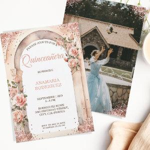 Chic Rose Gold Quinceañera Roses Floral Arch Photo