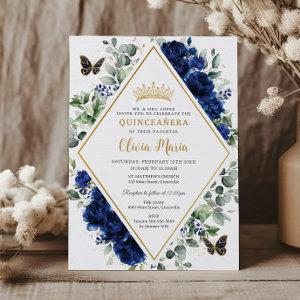 Chic Royal Blue Floral Butterflies Quinceañera