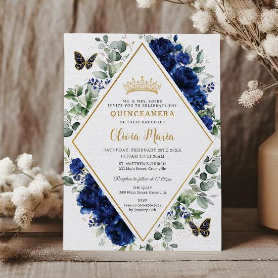 Chic Royal Blue Floral Butterflies Quinceañera