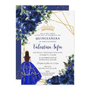 Chic Royal Blue Floral Princess Gold Quinceañera
