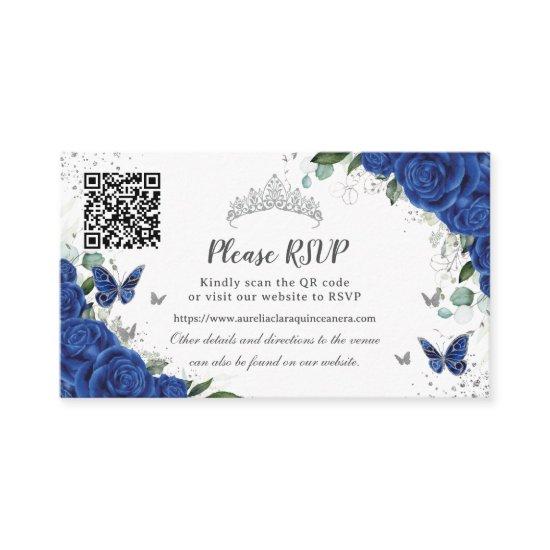 Chic Royal Blue Floral Silver Quinceañera QR Code Enclosure Card