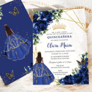 Chic Royal Blue Flowers Brown Princess Quinceañera