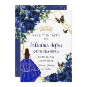 Chic Royal Blue Flowers Princess Gold Quinceañera  Save The Date