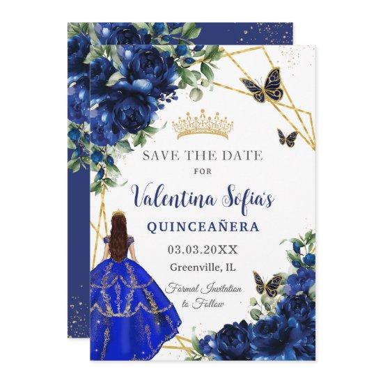 Chic Royal Blue Flowers Princess Gold Quinceañera  Save The Date