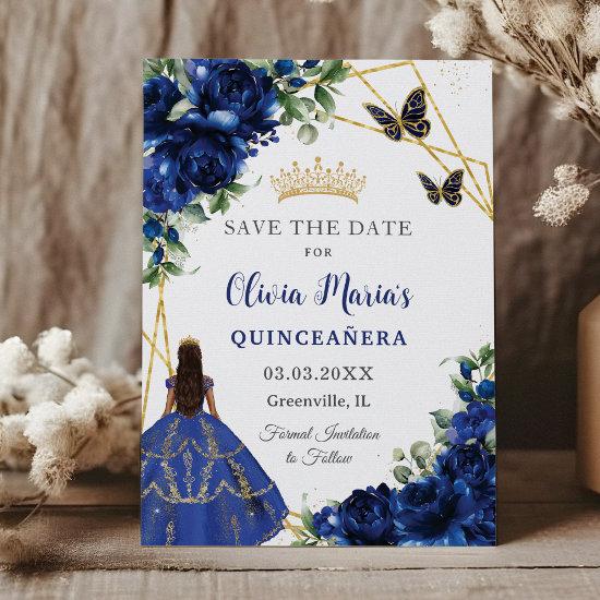 Chic Royal Blue Flowers Princess Quinceañera  Save The Date
