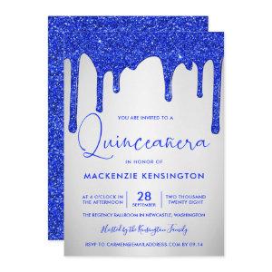 Chic Royal Blue Glitter Drips Silver Quinceañera