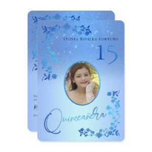Chic Royal Blue Glitter Floral Photo Quinceanera