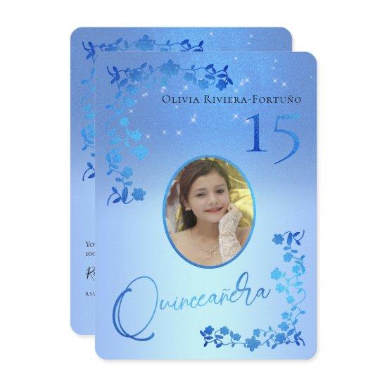 Chic Royal Blue Glitter Floral Photo Quinceanera