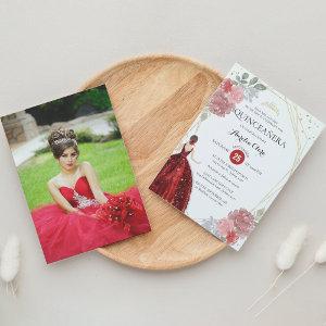 Chic Ruby Red Floral Geometric Photo Quinceañera