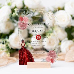 Chic Ruby Red Floral Geometric Quinceañera Acrylic