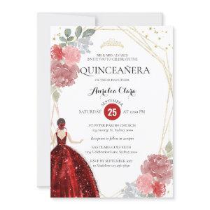 Chic Ruby Red Floral Geometric Quinceañera