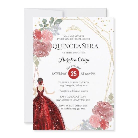 Chic Ruby Red Floral Geometric Quinceañera