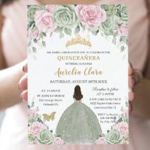 Chic Sage Green Baby Pink Floral Gold Quinceañera