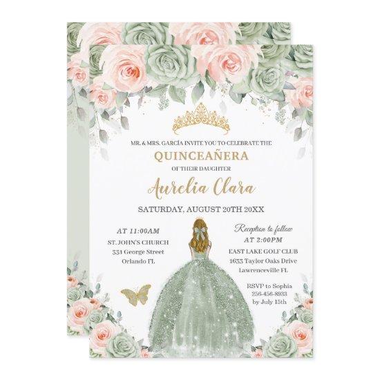 Chic Sage Green Blush Floral Blonde Quinceañera
