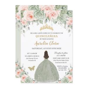 Chic Sage Green Blush Floral Gold Quinceañera XV