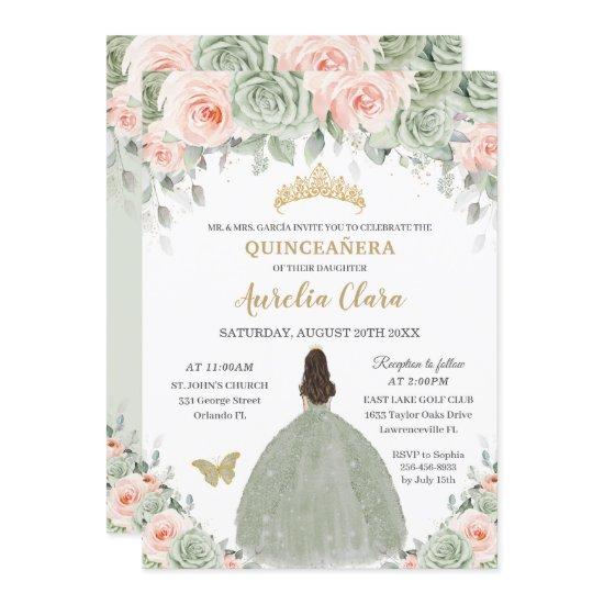 Chic Sage Green Blush Floral Gold Quinceañera XV