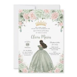 Chic Sage Green Blush Floral Princess Quinceañera