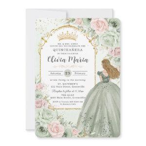 Chic Sage Green Blush Floral Princess Quinceañera