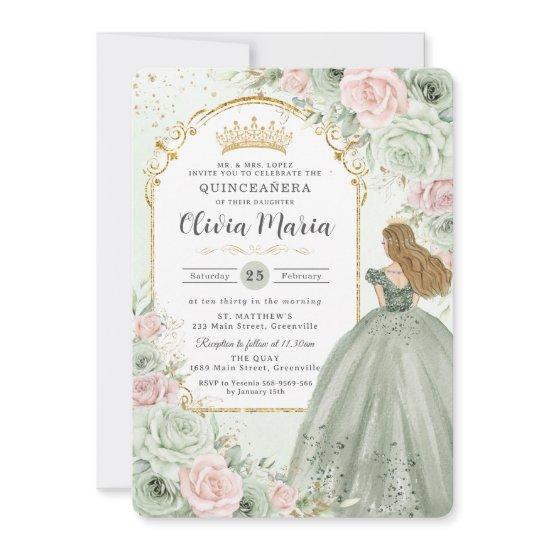 Chic Sage Green Blush Floral Princess Quinceañera