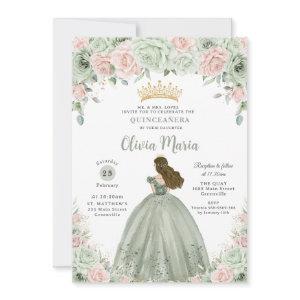 Chic Sage Green Blush Floral Princess Quinceañera