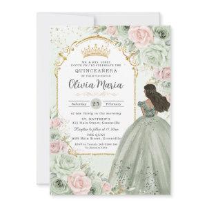 Chic Sage Green Blush Floral Princess Quinceañera