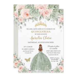 Chic Sage Green Blush Floral Red Hair Quinceañera