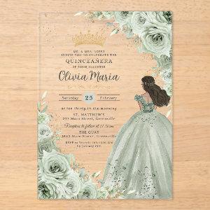 Chic Sage Green Floral Brown Princess Quinceañera  Acrylic