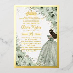 Chic Sage Green Floral Brown Princess Quinceañera  Foil