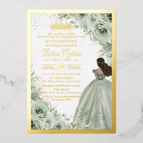 Chic Sage Green Floral Brown Princess Quinceañera  Foil