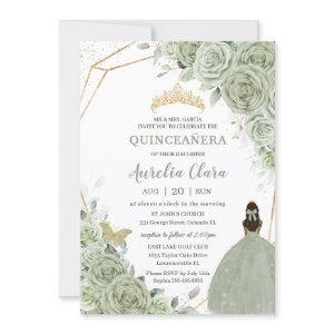 Chic Sage Green Floral Brown Princess Quinceañera