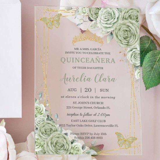 Chic Sage Green Floral Butterflies Quinceañera Acrylic