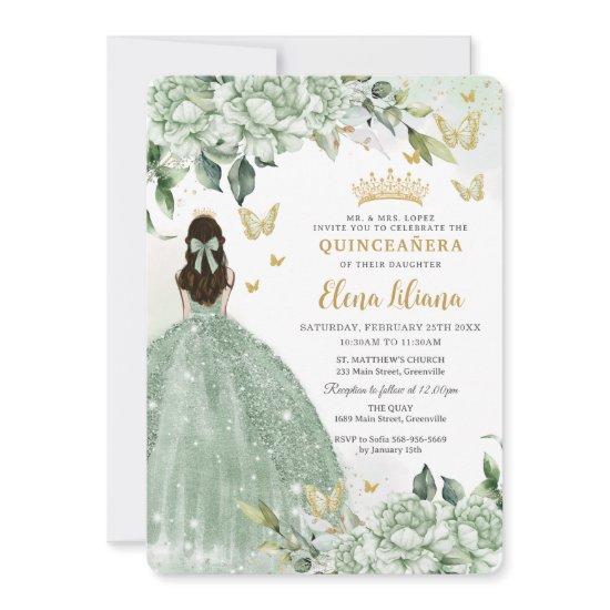 Chic Sage Green Floral Butterflies Quinceañera
