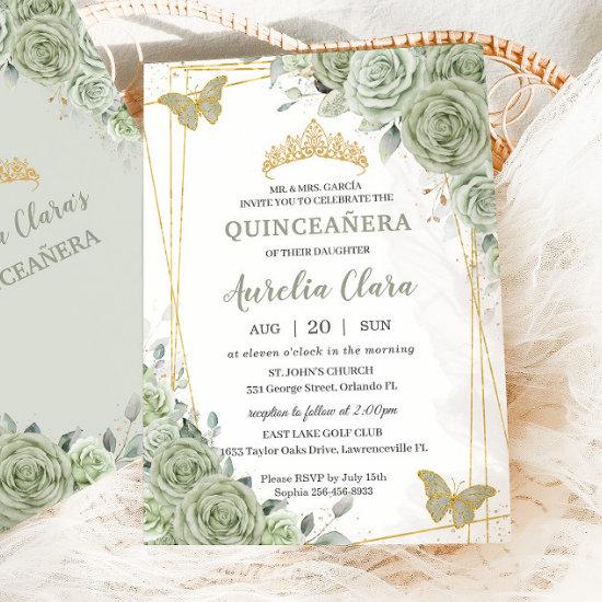 Chic Sage Green Floral Butterflies Quinceañera