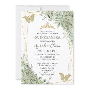 Chic Sage Green Floral Butterflies Quinceañera