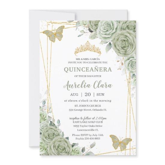 Chic Sage Green Floral Butterflies Quinceañera