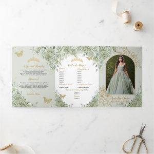 Chic Sage Green Floral Butterflies Quinceañera Tri-Fold
