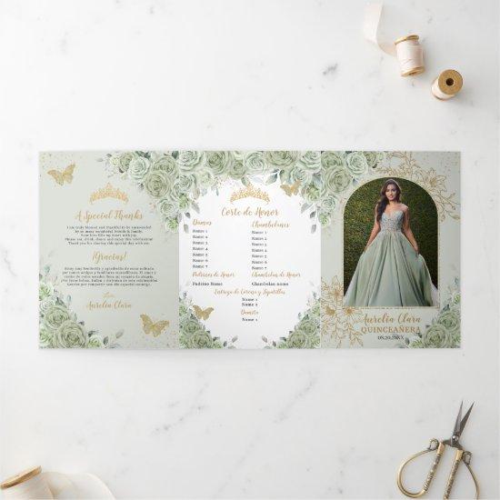 Chic Sage Green Floral Butterflies Quinceañera Tri-Fold