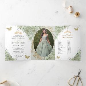 Chic Sage Green Floral Butterflies Quinceañera Tri-Fold